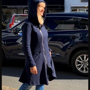 Stina Sayre Blue Asymmetric Hooded Fleece 2 Sided Zipper Jacket Coat, Size XS